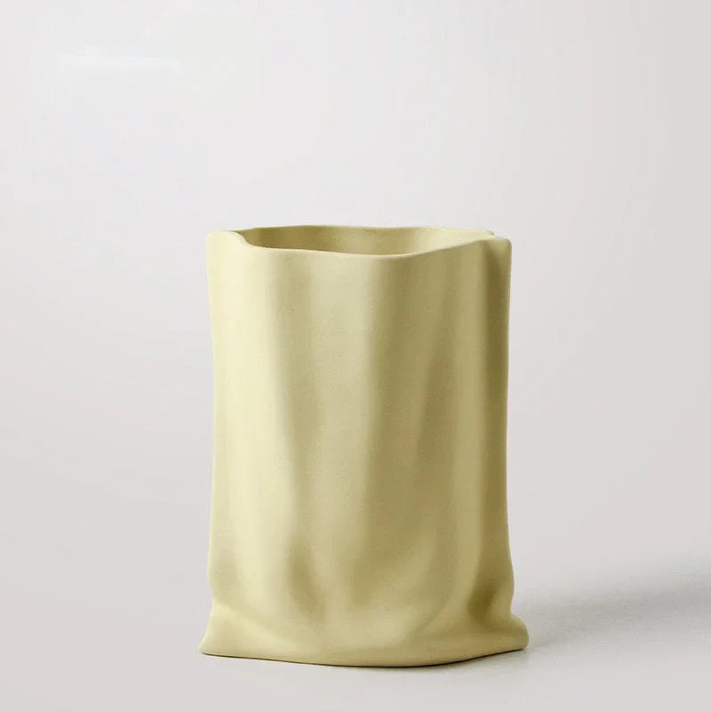 Frosted Ruched Ceramic Paper Bag Vase
