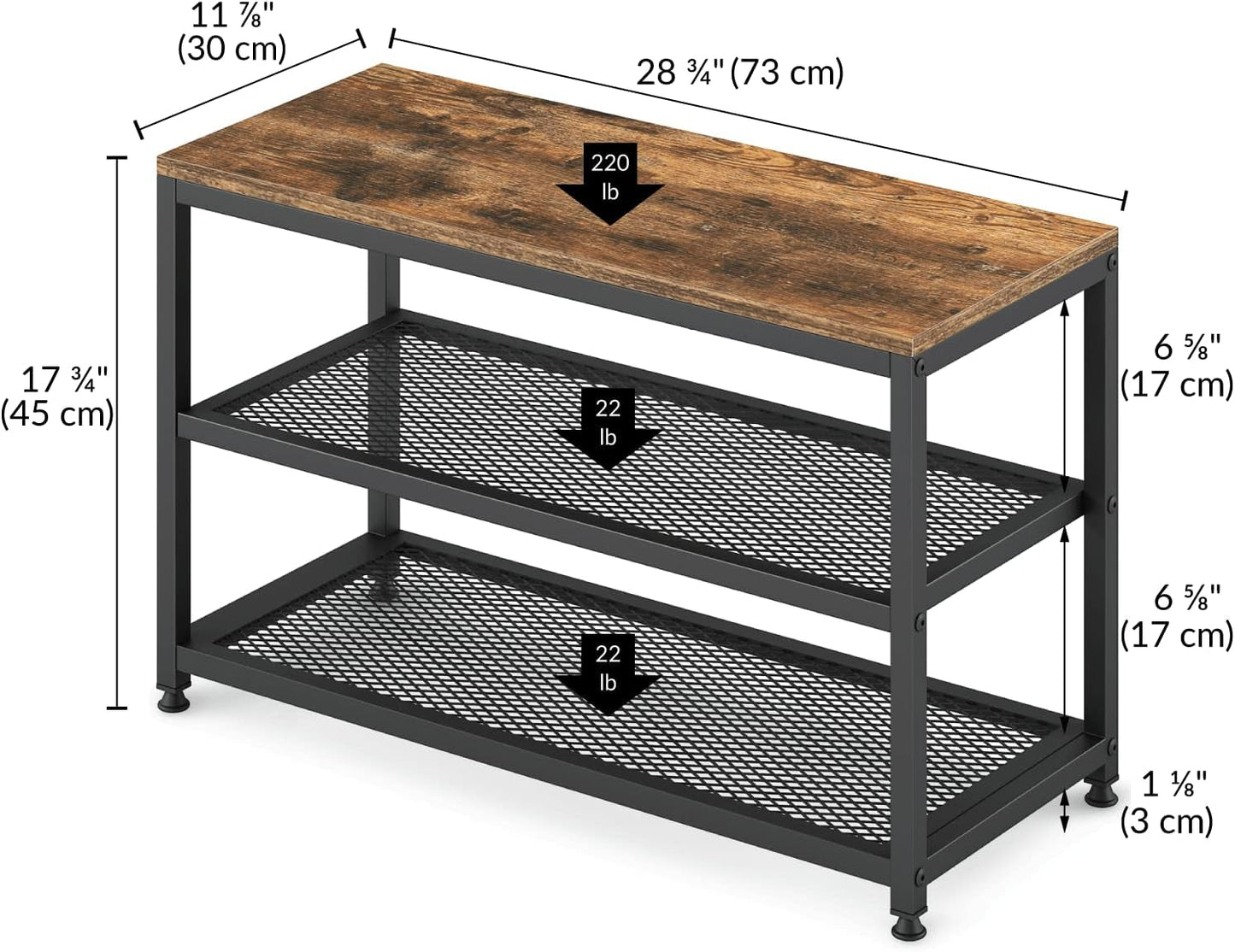 Ballucci Shoe Rack Bench, 3-Tier Shoe Rack, Entryway Shoe Organizer with Seat, Metal Storage Shelves for Hallway, Living Room, Mudroom - Rustic Brown Clothing & Closet Storage Free Standing Shoe Racks Home & Kitchen Shoe Organizers Storage & Organization