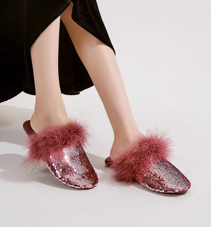 Plush Sequin Faux Fur House Slippers