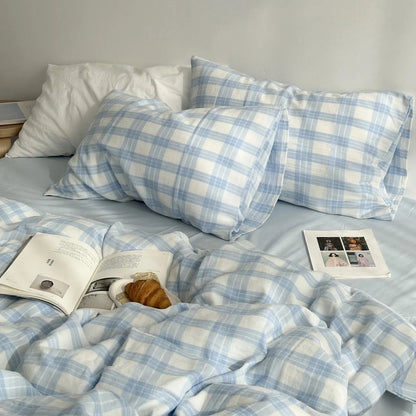 Soft Gingham Plaid Washed Cotton Bedding Set