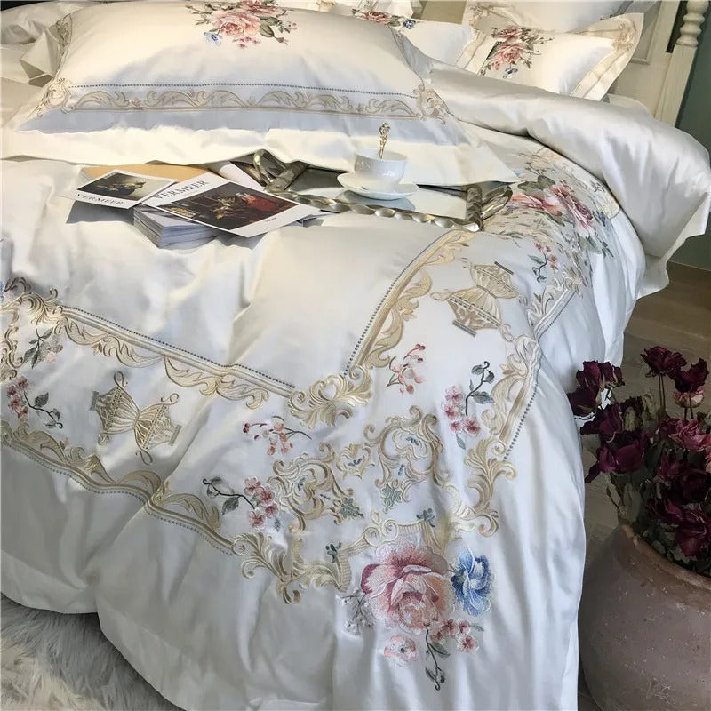 Destiny Blossom Floral Embroidered Egyptian Cotton Bedding Set