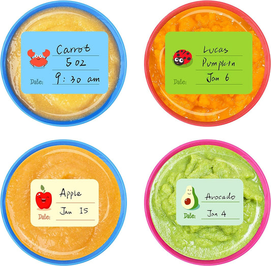 240 PCS Baby Food Labels Set in 2 Sizes and 45 Designs Water Resistant for Food Containers, Jars Baby Products Feeding Food Storage