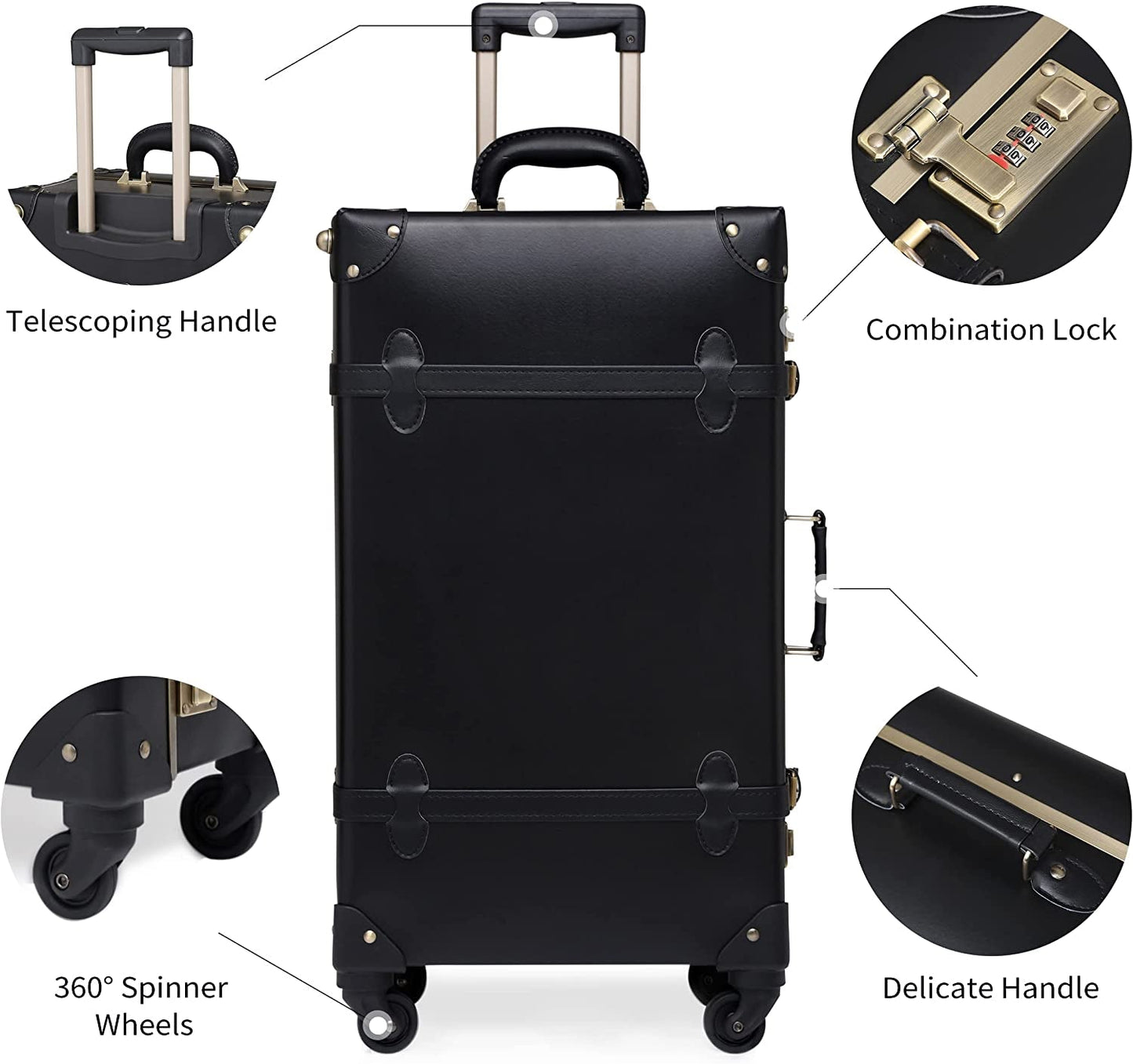 Urecity Vintage Luggage Sets of 3 Piece - Hardside Lightweight Spinner Suitcases - Retro Travel Set Includes under Seat Train Case, 26"+20"+12" (Black) Clothing Luggage Luggage & Bags Luggage & Travel Gear Luggage Sets Shoes & Jewelry Suitcases