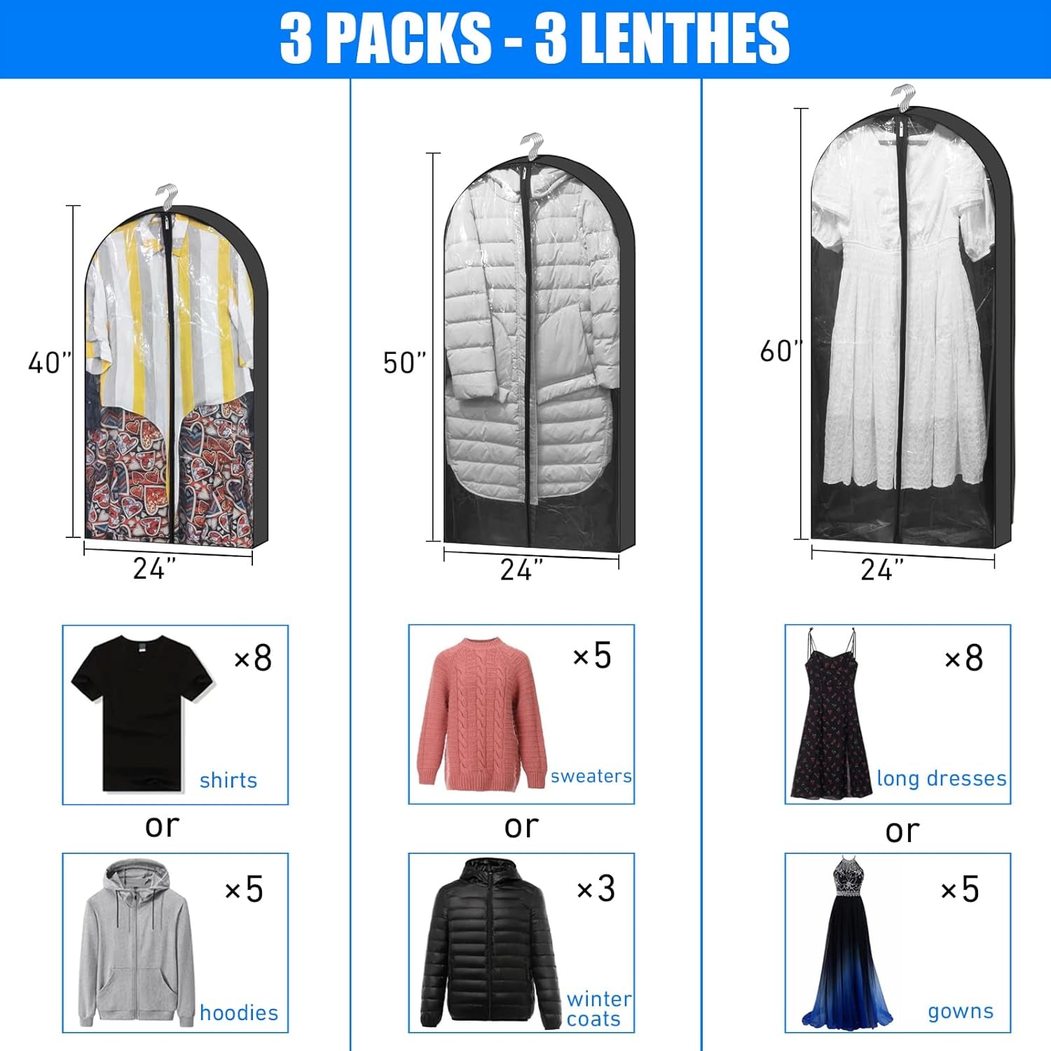 40'' 50'' 60'' Clear Garment Bags for Hanging Clothes, Suit Bags for Closet Storage with 4" Gussetes, Moth Proof Plastic Protectors for Sweater, Dress, Winter Coat, Shirt, Jacket, 3 Packs Clothing & Closet Storage Garment Covers Home & Kitchen Storage & Organization