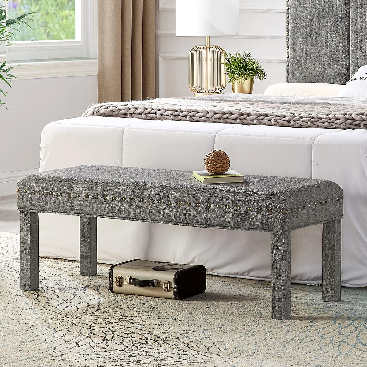 24KF Upholstered Linen Bed Bench with Nail Head Trim,Padded Tufted Bench -Dark Gray Entryway Furniture Furniture Home & Kitchen Storage Benches