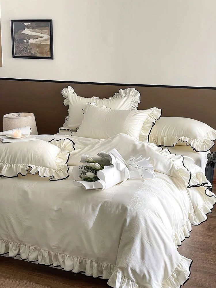 Silky Ruffled Jacquard Tencel Bedding Set with Contrast Trim