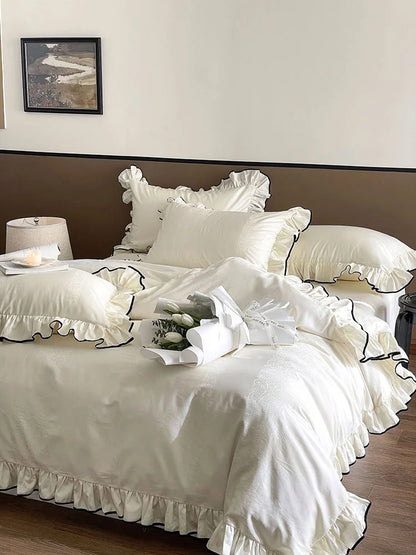 Silky Ruffled Jacquard Tencel Bedding Set with Contrast Trim