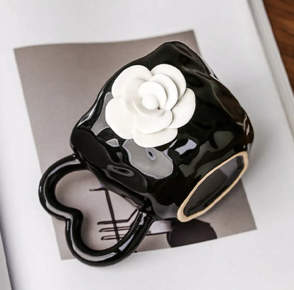 Textured Camellia Floral Ceramic Mug & Saucer Set