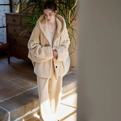 Plush Hooded Flannel Fleece Pajama Set