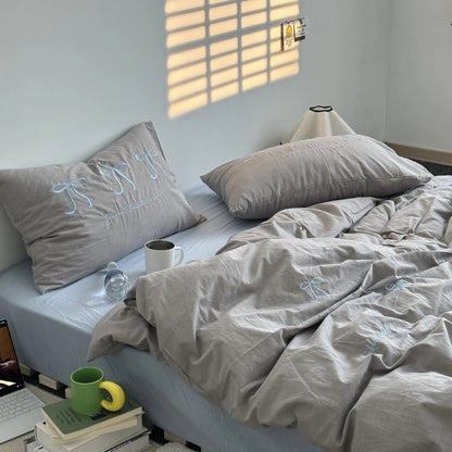 Textured Embroidered Bowknot Washed Cotton Bedding Set
