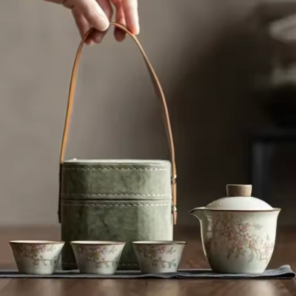 Peach Blossom Ceramic Travel Tea Set with Case