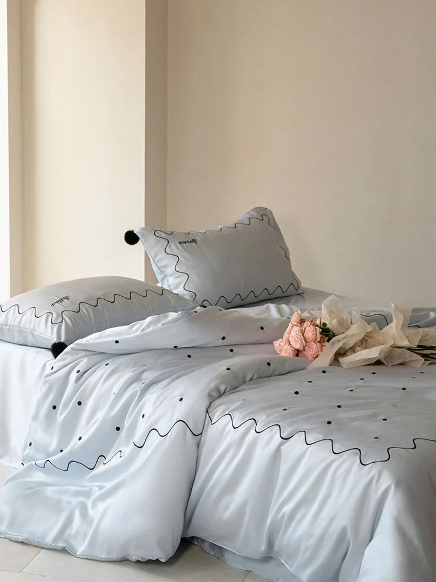 Silky Pom Pom Wavy Embroidered Tencel Bedding Set