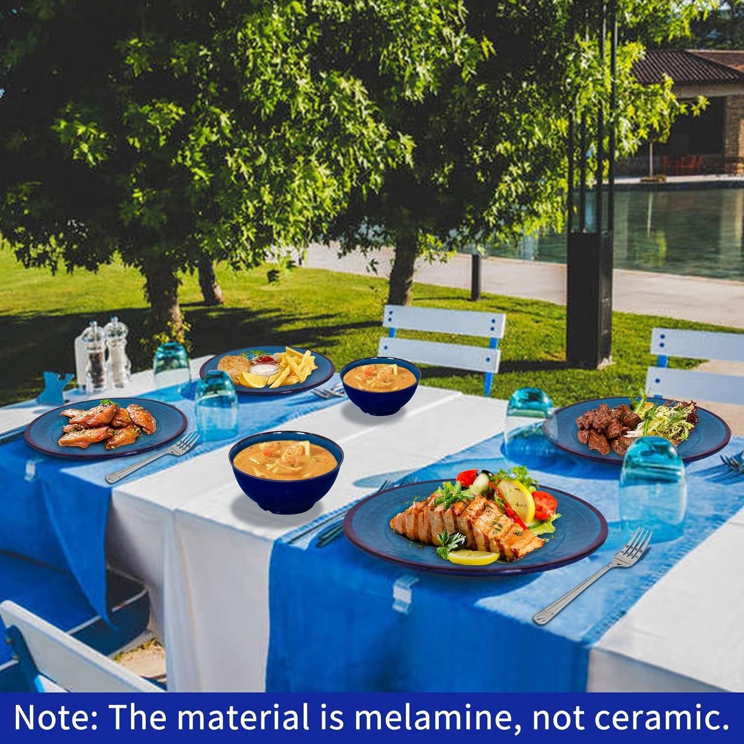 Blue Melamine Dinnerware Sets for 4, Plastic Plates and Bowls Set for 12Pcs, Lightweight Unbreakable Suitable for Indoor/Outdoor Camping Dish Sets， Dishwasher Safe (Blue) Dining & Entertaining Dinnerware Dinnerware & Serveware Home & Kitchen Kitchen & Dining