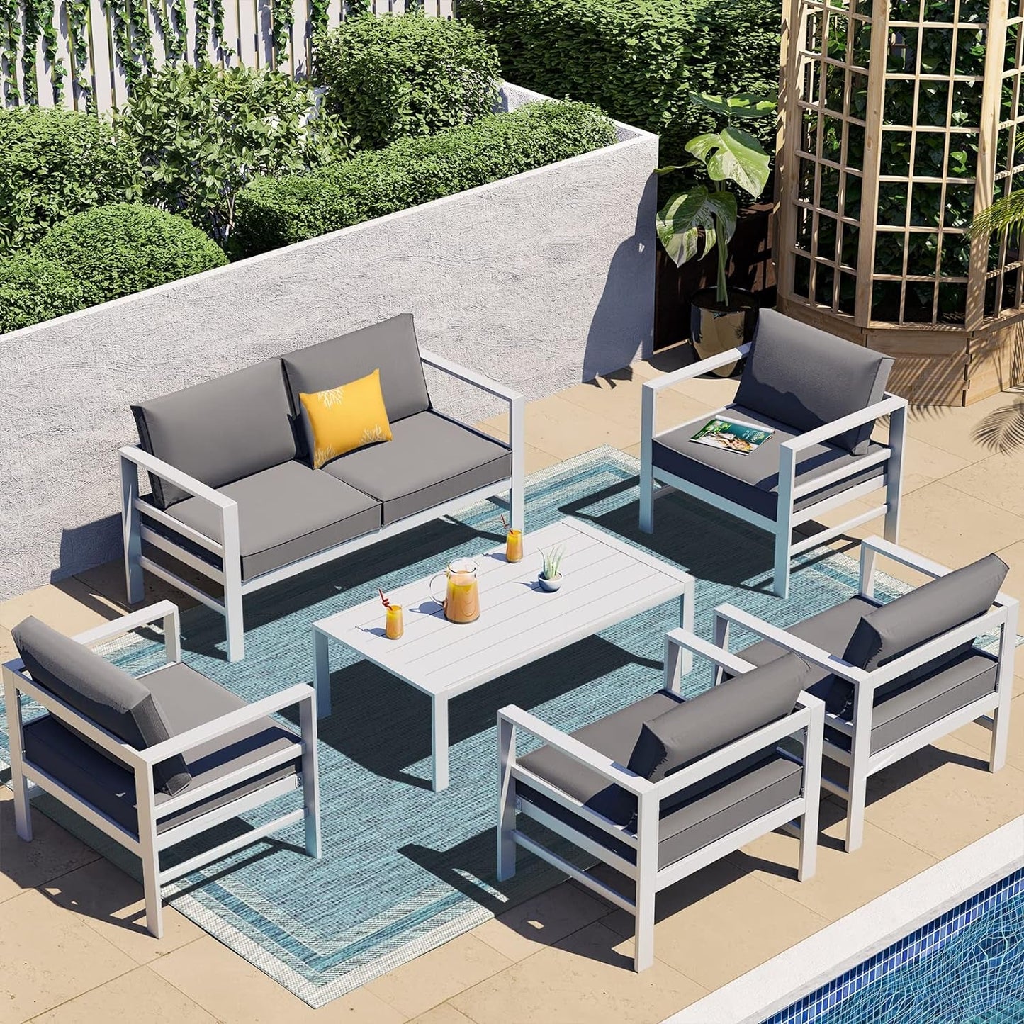 2PCS Outdoor Patio Aluminum Furniture Loveseat with Table, All-Weather Modern Metal Aluminum Conversation White and Grey Outdoor Patio 2 Seats Sofa Furniture Sets for Balconies Backyard Conversation Sets Lawn & Garden Patio Patio Furniture & Accessories Patio Furniture Sets