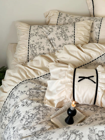 Ruffled Botanical Toile Washed Cotton Bedding Set