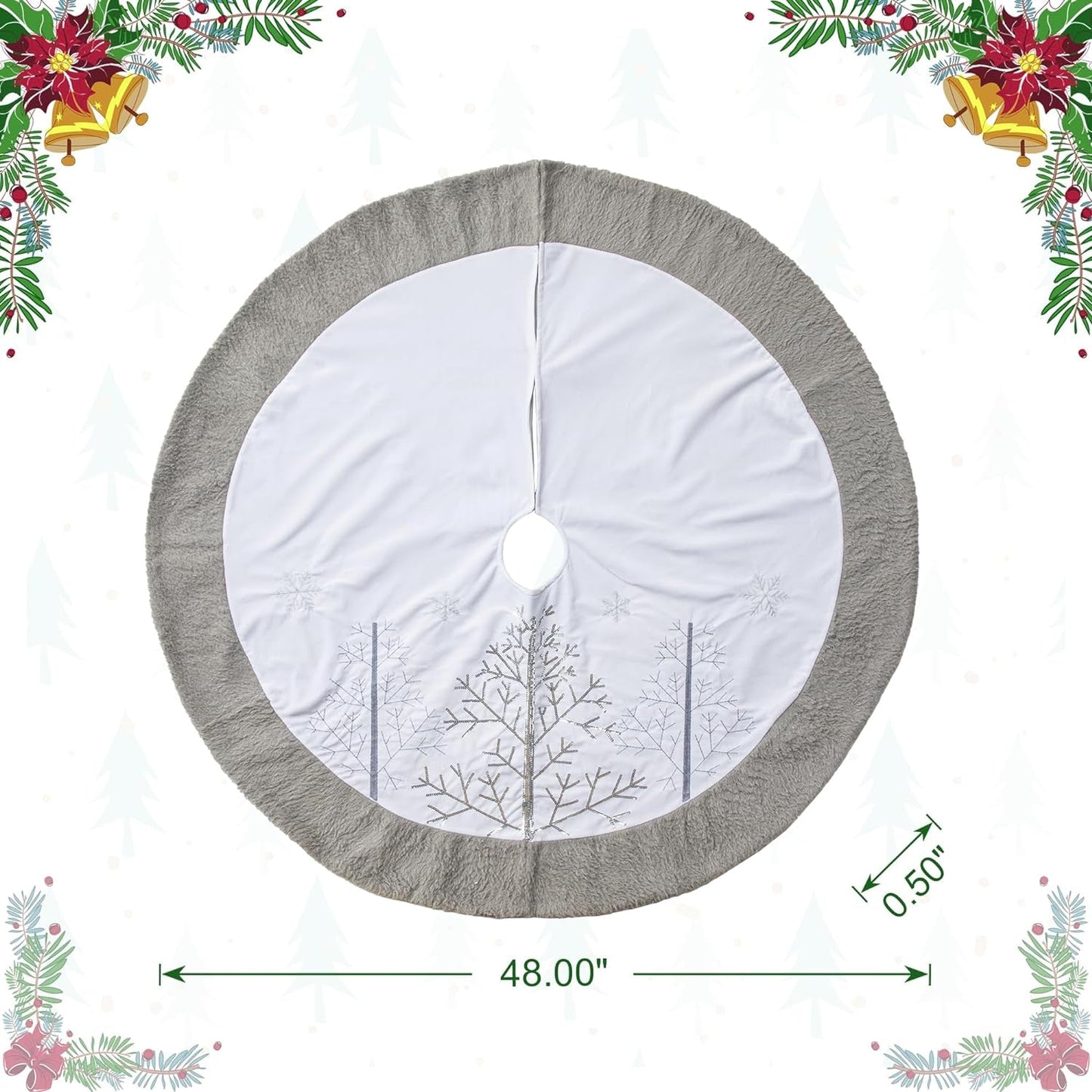 Glitzhome 48" D White Fleece Christmas Tree Skirt with Grey Edge,Large round Embroidered Tree Mat Cover Ornaments for Holiday Christmas Party Decorations Home & Kitchen Seasonal Décor Tree Skirts