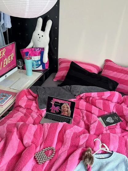 Plush Wide Striped Flannel Fleece Bedding Set