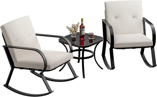 Greesum 3 Pieces Patio Furniture Sets, Outdoor Conversation Rocking Chairs with Soft Cushions and Glass Coffee Table for Balcony, Porch, Yard, White Conversation Sets Lawn & Garden Patio Patio Furniture & Accessories Patio Furniture Sets