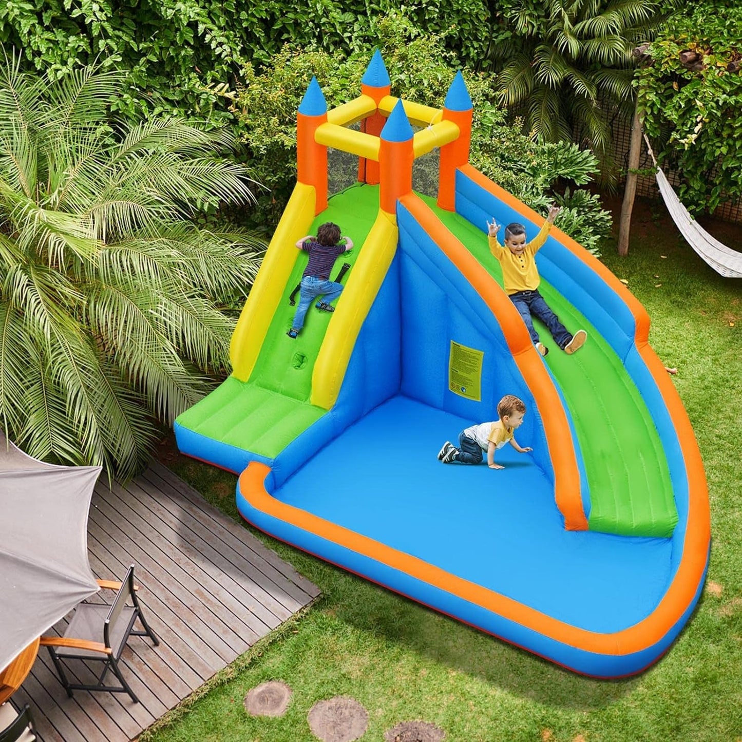 Costzon Inflatable Water Slide, Giant Bouncy Waterslide Park for Kids Backyard Outdoor Fun with Climbing Wall, Splash Pool, Blow up Water Slides Inflatables for Kids and Adults Party Gift Inflatable Water Slides Pool Toys Pools & Water Toys Sports & Outdoor Play Toys & Games