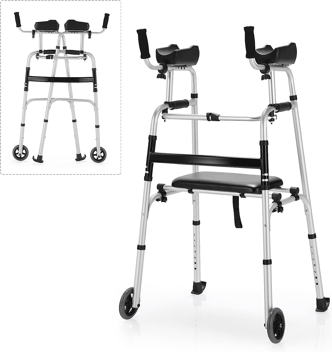 Goplus Folding Walker for Seniors, Lightweight Standard Walker with 5’’ Wheels, Seat and Arm Rest Pad, Height Adjustable Platform Walker, Standing & Walking Mobility Aid for Elderly Handicap Disabled Medical Supplies & Equipment Mobility & Daily Living Aids Mobility Aids & Equipment Rollators & Accessories Standard Walkers Walkers