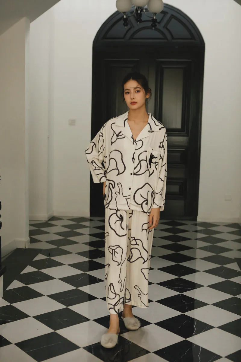 Silky Abstract Cat Sketch Cotton Sateen Pajama Set