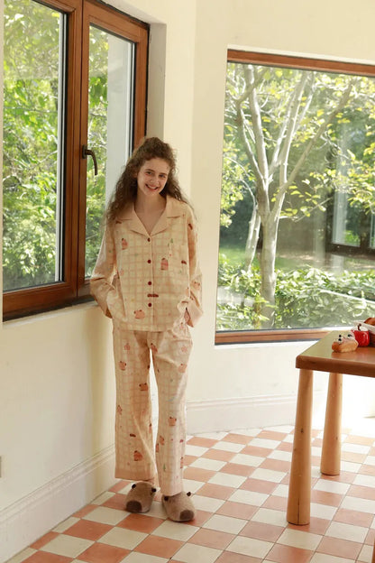 Soft Capybara Plaid Cotton Pajama Set