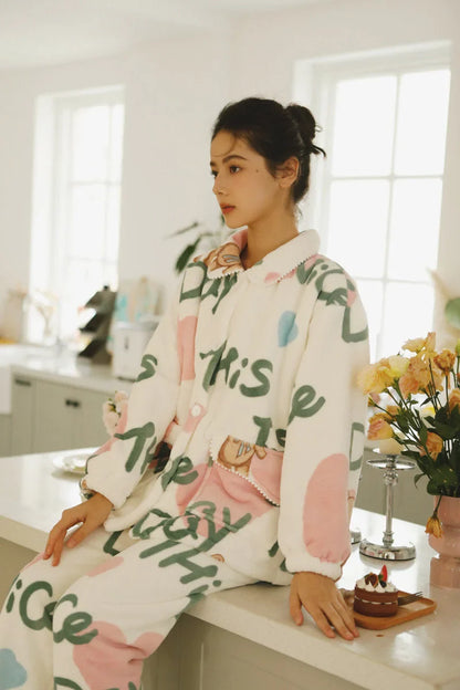 Plush Fuzzy Teddy Bear & Heart Print Flannel Fleece Pajama