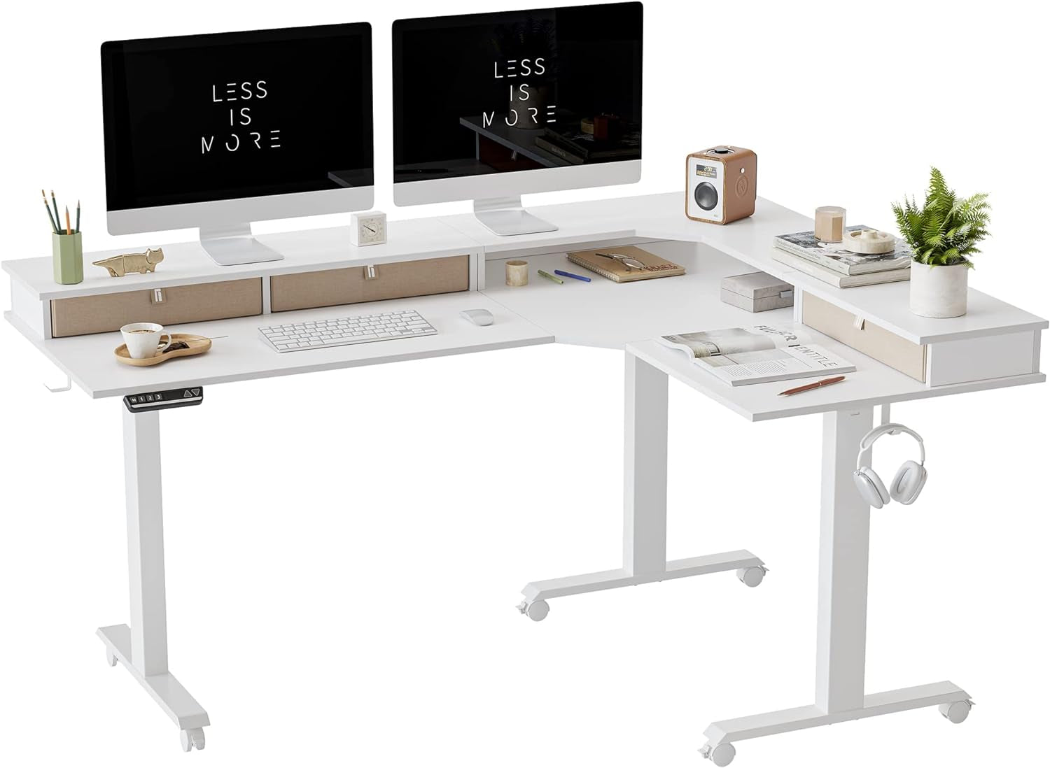 FEZIBO Triple Motor 63" L Shaped Standing Desk with 3 Drawers, Electric Standing Gaming Desk Adjustable Height, Corner Stand up Desk with Splice Board, White Frame/White Top Furniture Home & Kitchen Home Office Desks Home Office Furniture