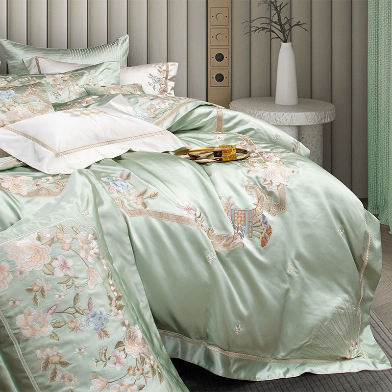 Esana Green Embroidered Egyptian Cotton Satin Bedding Set