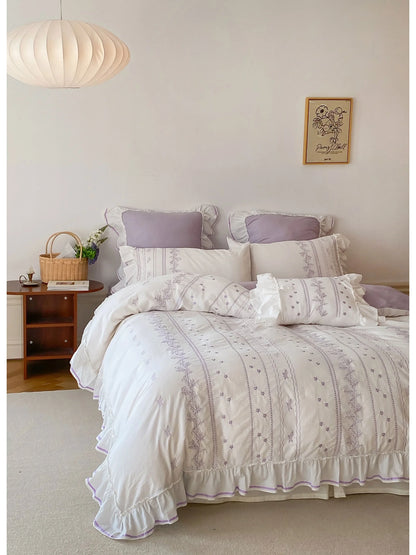 Ruffled Floral Vine Embroidered Cotton Bedding Set