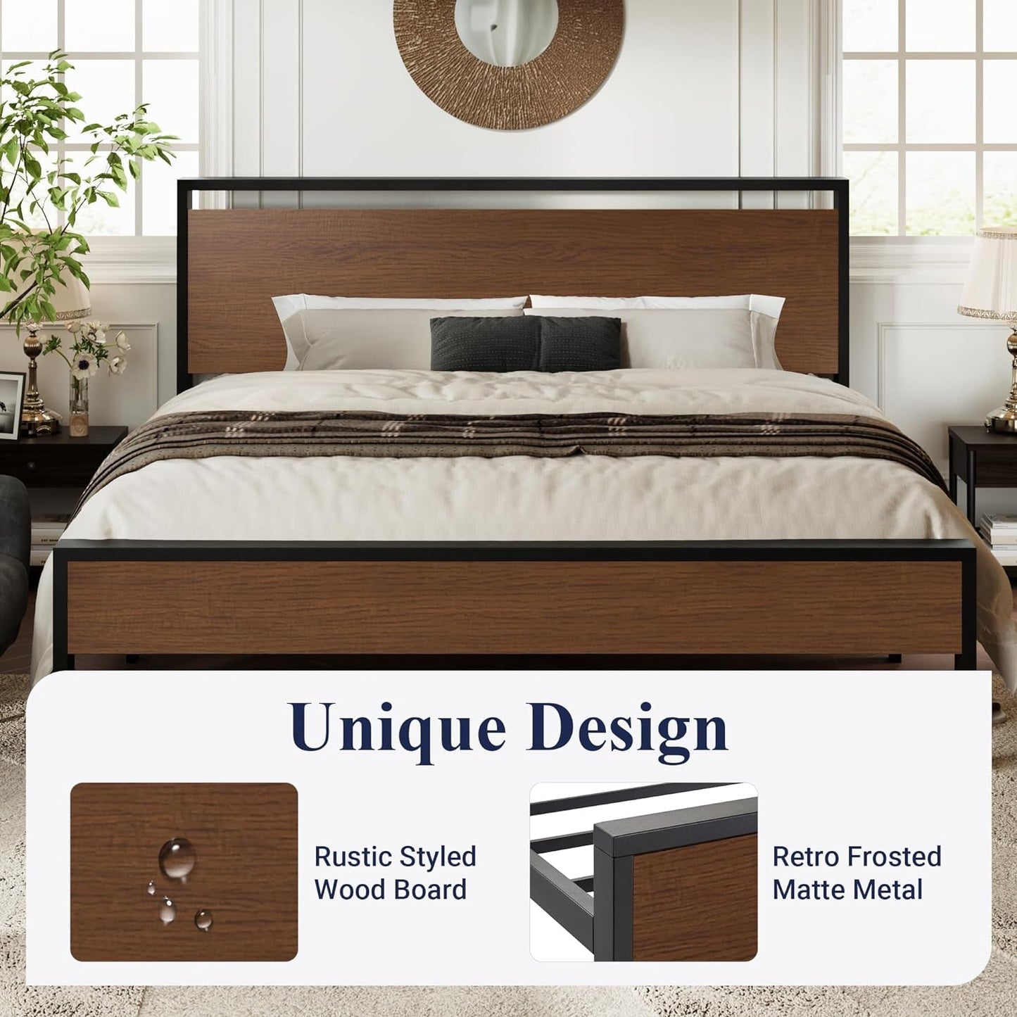 Allewie King Size Platform Bed Frame with Wooden Headboard and Footboard, Heavy Duty 12 Metal Slats Support, No Box Spring Needed, under Bed Storage, Non-Slip without Noise, Easy Assembly, Walnut