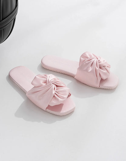 Silky Ruched Bow Cotton Sateen House Slippers