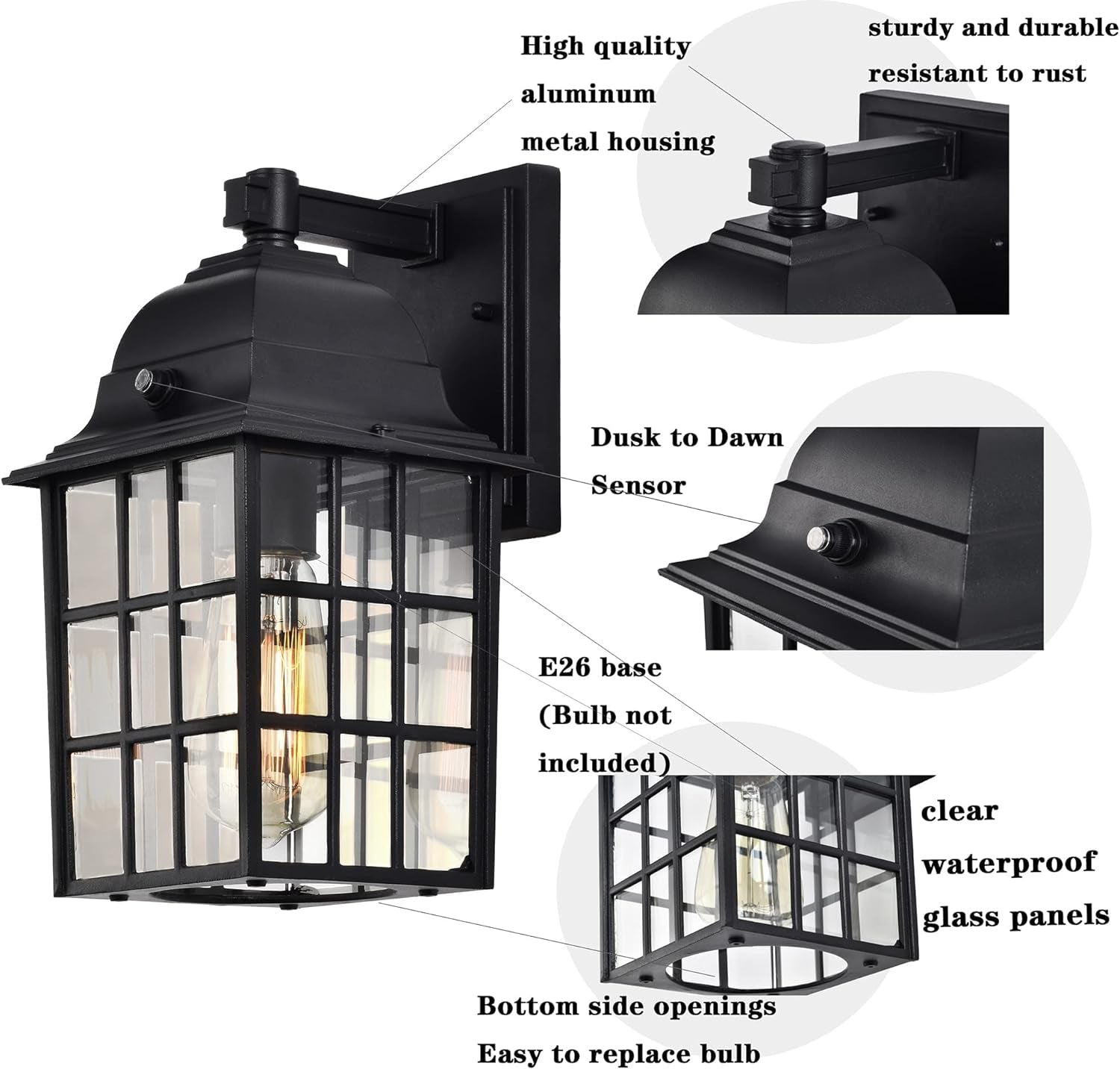 Dusk to Dawn Outdoor Wall Lights Aluminum Anti-Rust Exterior Light Fixture Wall Black Porch Lights Outdoor Wall Sconces Sensor Outdoor Light Fixture Waterproof Outdoor Wall Lantern 2 Pack Lighting & Ceiling Fans Outdoor Lighting Porch & Patio Lights Tools & Home Improvement Wall Lights