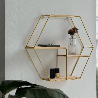 Geometric Hexagon Metal & Wood Wall Shelf