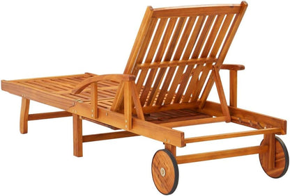 Folding Sun Lounger with Table and Cushion | Foldable Patio Chaise Lounge with Wheels | Adjustable Outdoor Sunlounger with Footrest | Wooden Garden Lounge Chair with Pull-Out Table | Solid Acacia Wood Chairs Lawn & Garden Lounge Chairs Patio Patio Furniture & Accessories Patio Seating