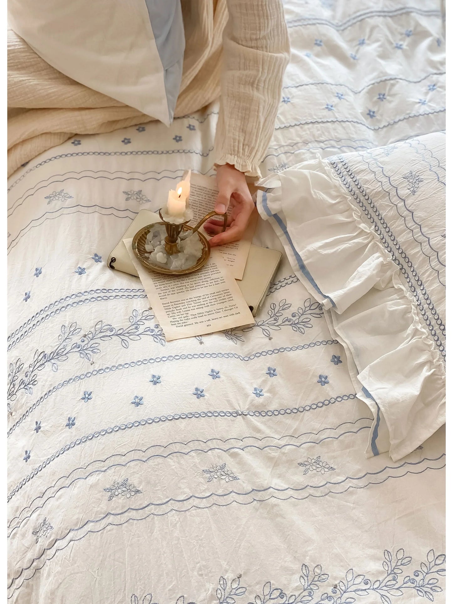 Ruffled Floral Vine Embroidered Cotton Bedding Set