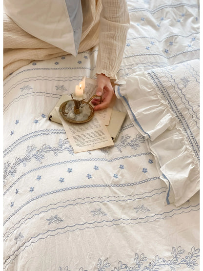 Ruffled Floral Vine Embroidered Cotton Bedding Set