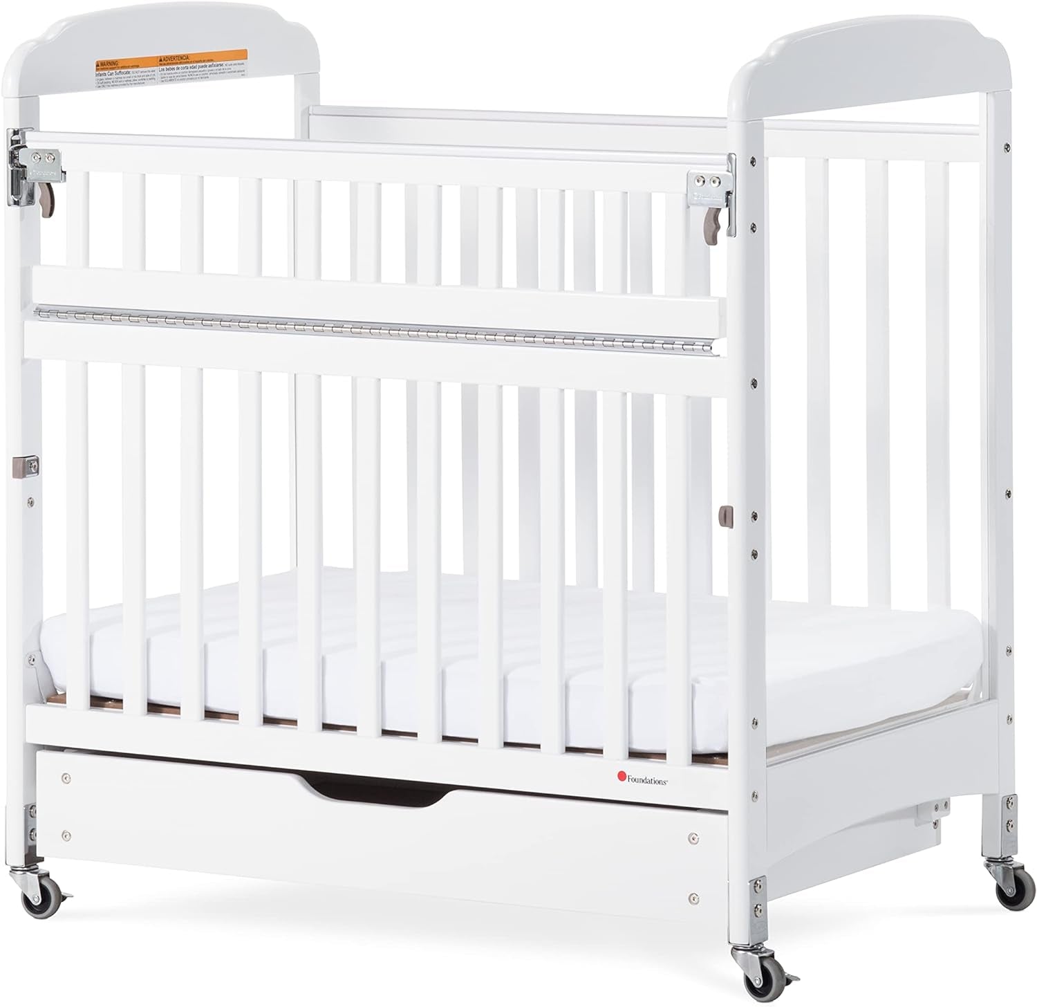 Foundations Serenity Safereach Crib with Adjustable Mattress Board, Compact Wooden Baby Crib with Commercial Grade Casters, Clear End Panels for Child Visibility, Includes 3” Foam Mattress (White) Baby Products Cribs Furniture Infant & Toddler Beds Nursery