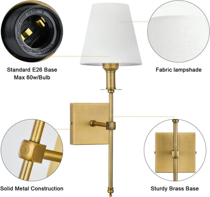 Bsmathom Wall Sconces Sets of 2, Brushed Brass Sconces Wall Lighting with Fabric Shade, Hardwired Column Stand Bathroom Vanity Light Fixture for Hallway, Entryway, Passway Kitchen, Gold Lighting & Ceiling Fans Tools & Home Improvement Wall Lamps & Sconces Wall Lights