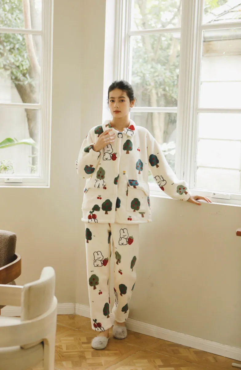 Plush Bunny & Strawberry Flannel Fleece Pajama Set