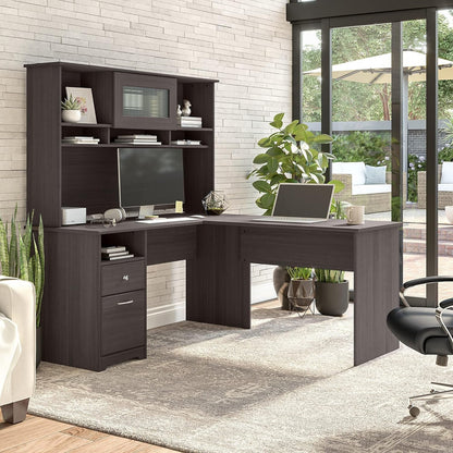 Bush Furniture Cabot 60W Single Pedestal L Desk with Hutch, Heather Gray Furniture Home & Kitchen Home Office Desks Home Office Furniture