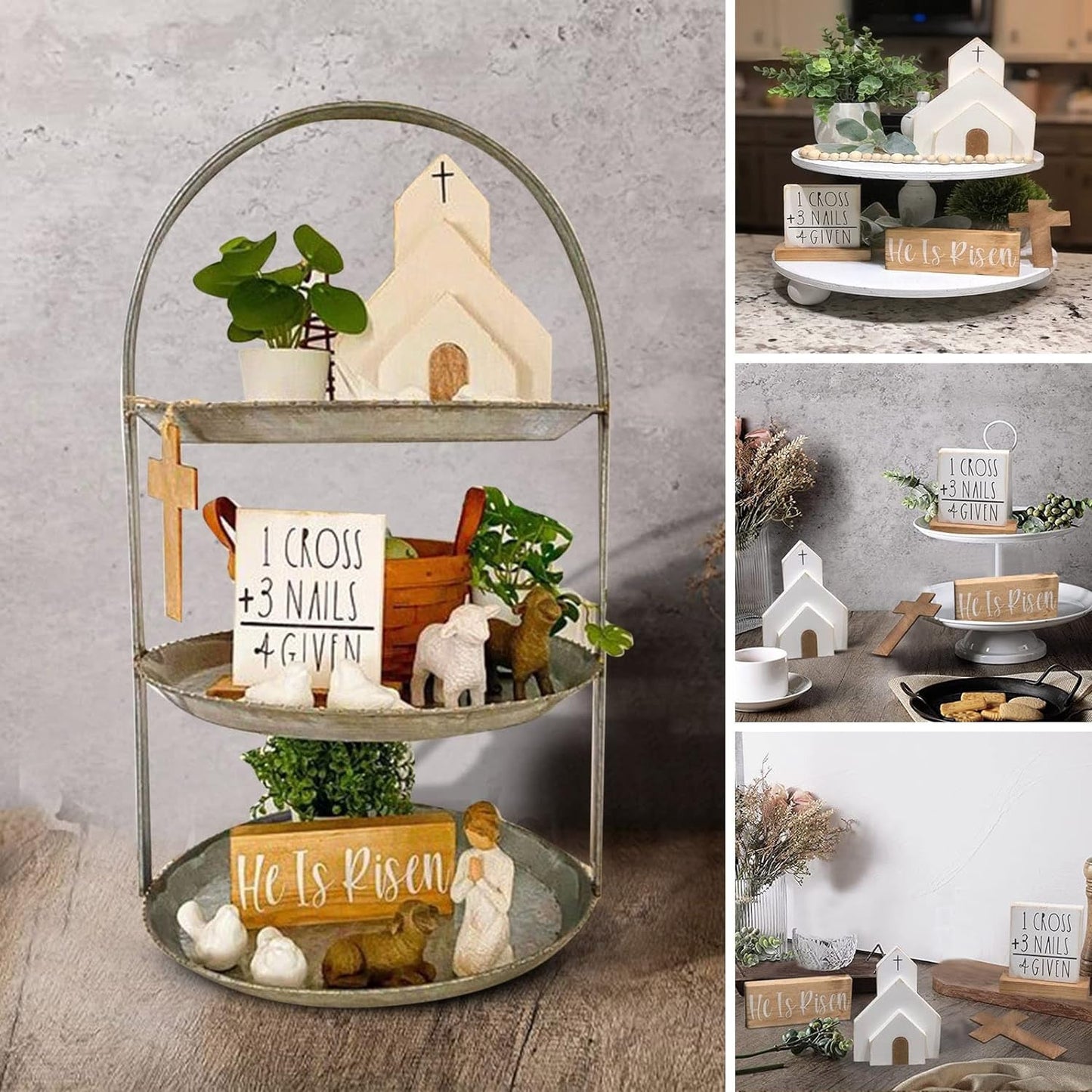 Easter Decorations, Easter Decor Farmhouse Rustic Tiered Tray Signs Rustic Easter Decoration for Home Table Kitchen (B) Home & Kitchen Home Décor Accents Home Décor Products Wall Pediments