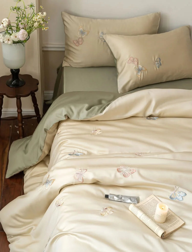 Silky Butterfly Embroidered Tencel Bedding Set
