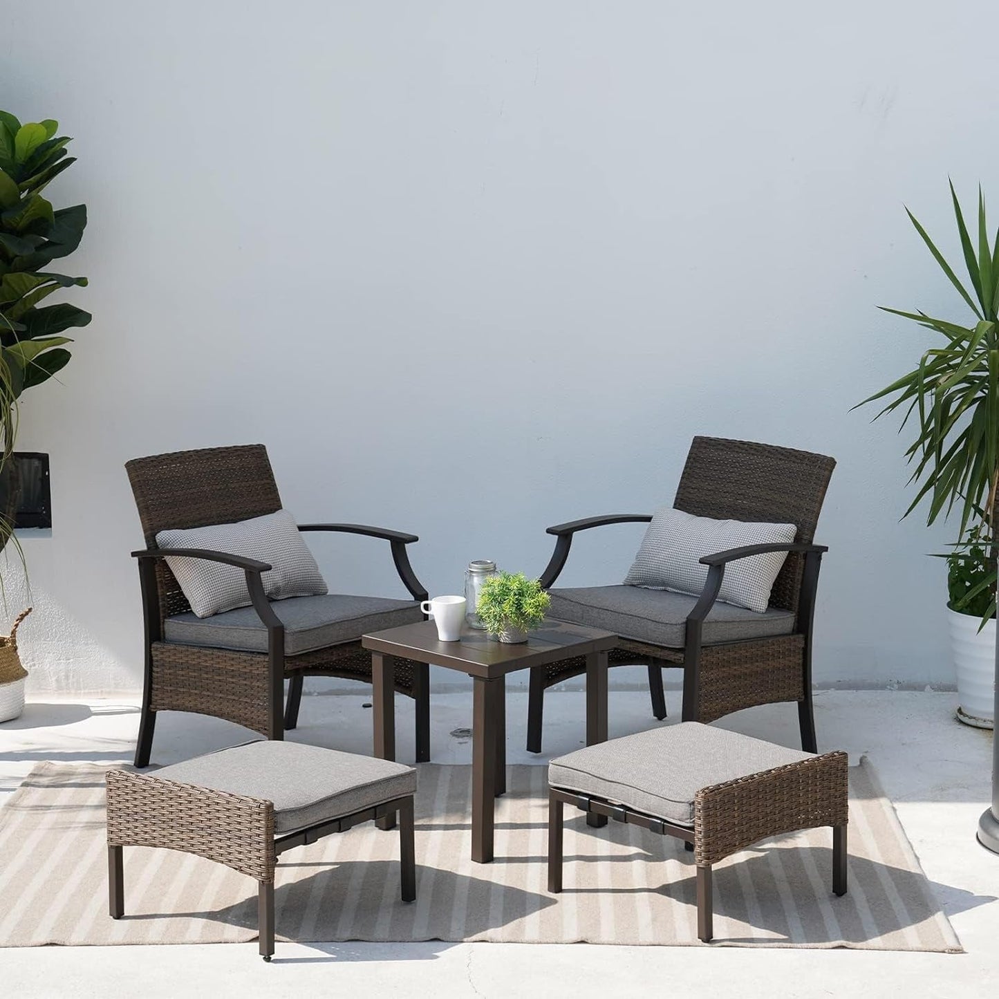 Grand Patio 5-Piece Outdoor Furniture Sets Weather-Resistant Wicker Steel Outdoor Patio Chairs with Olefin Cushions Ottomans and Coffee Table for Balcony Backyard Garden Poolside- Gray Conversation Sets Lawn & Garden Patio Patio Furniture & Accessories Patio Furniture Sets