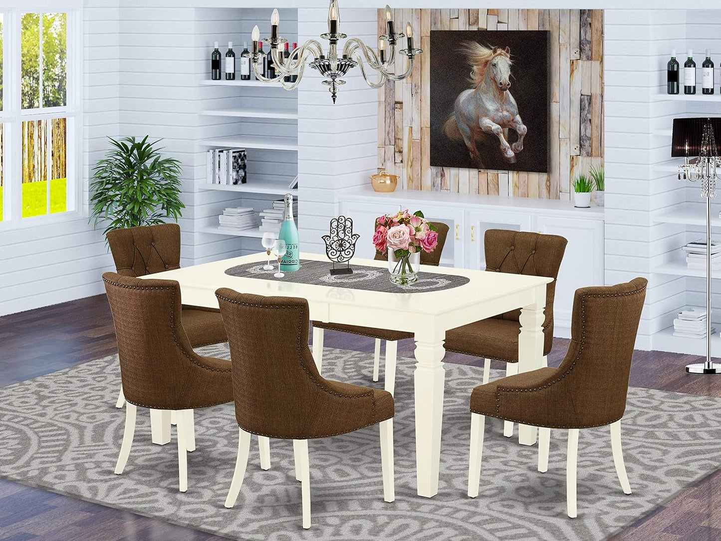 East West Furniture WEFR7-WHI-18 7 Piece Dining Room Set Consist of a Rectangle Kitchen Table with Butterfly Leaf and 6 Brown Fabric Parson Chairs, 42X60 Inch, Linen White Dining Room Furniture Furniture Home & Kitchen Table & Chair Sets