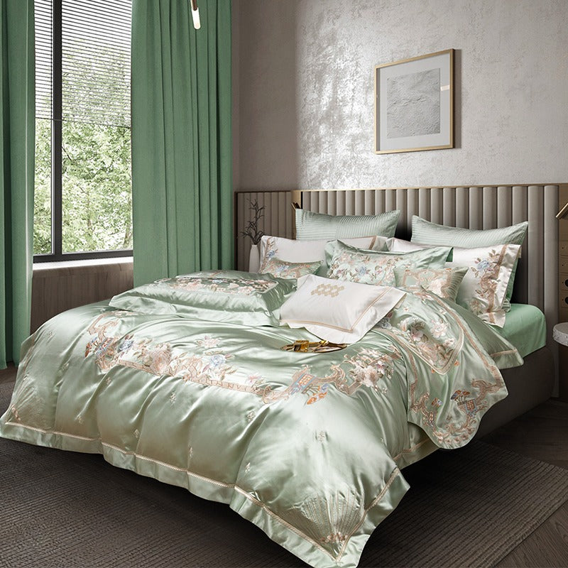 Esana Green Embroidered Egyptian Cotton Satin Bedding Set