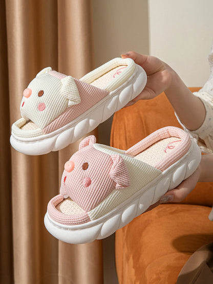 Waffle Textured Embroidered Pig Linen House Slippers