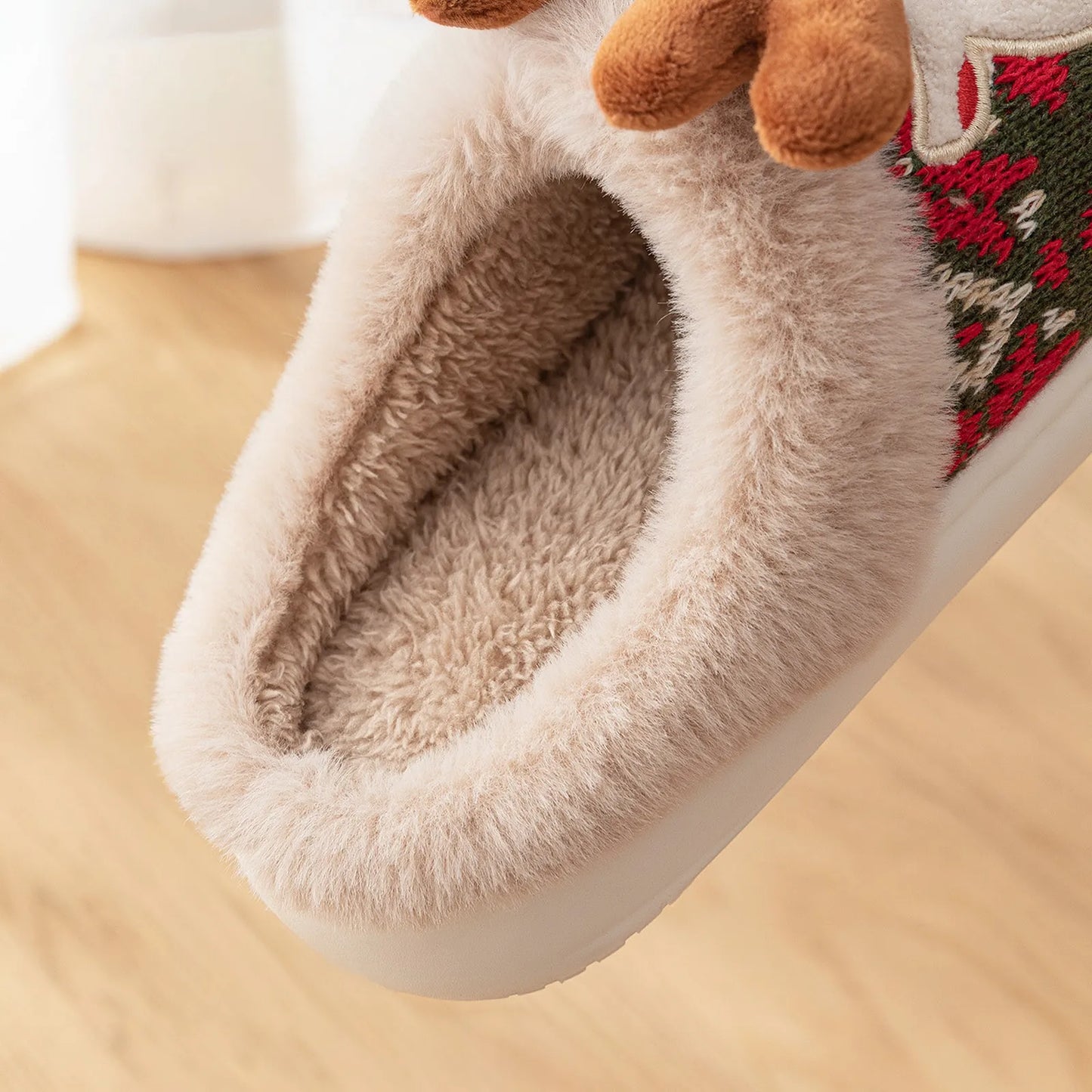 Fuzzy Reindeer Jacquard Knit House Slippers