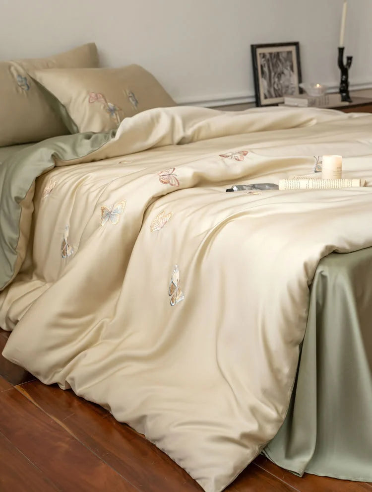 Silky Butterfly Embroidered Tencel Bedding Set