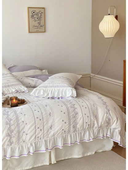 Ruffled Floral Vine Embroidered Cotton Bedding Set